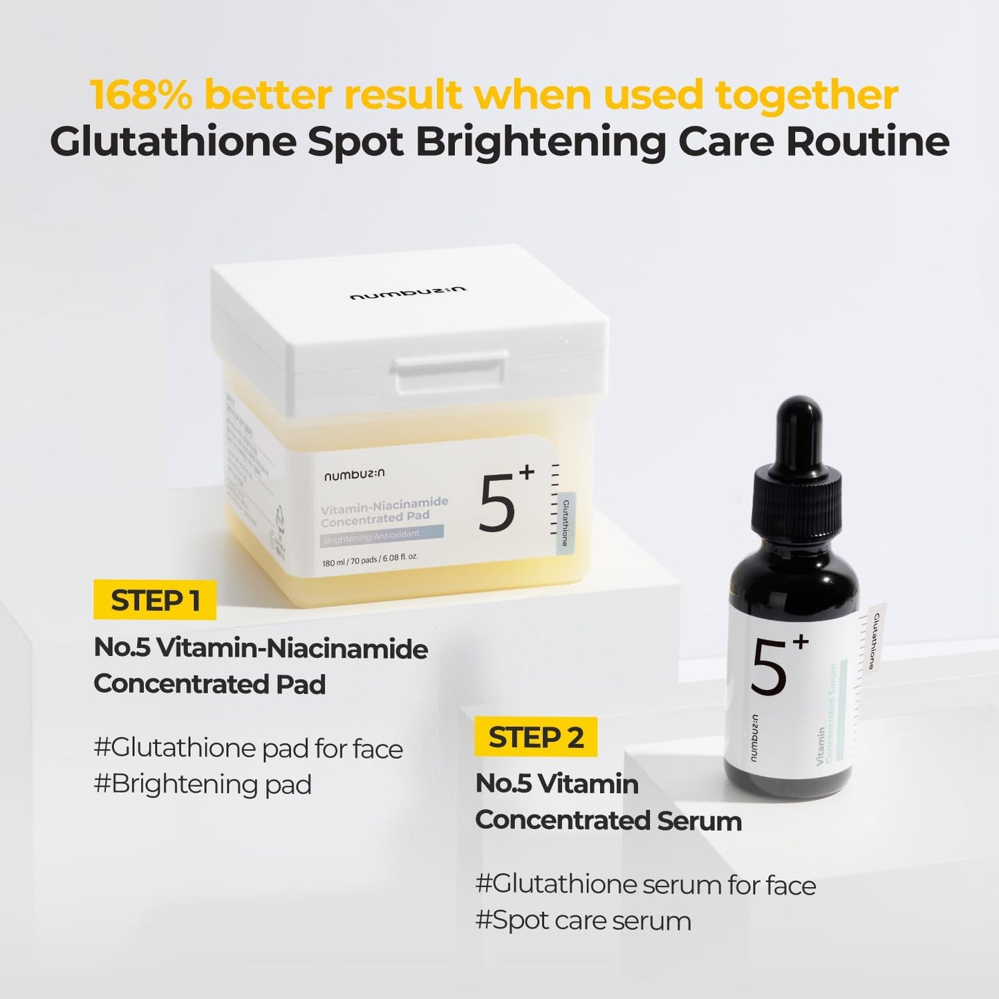 numbuzin No.5+ Niacinamide Concentrated Toner Pad | Glutathione, Niacinamide, PHA & LHA, 180ml/70pads/6.08fl.oz