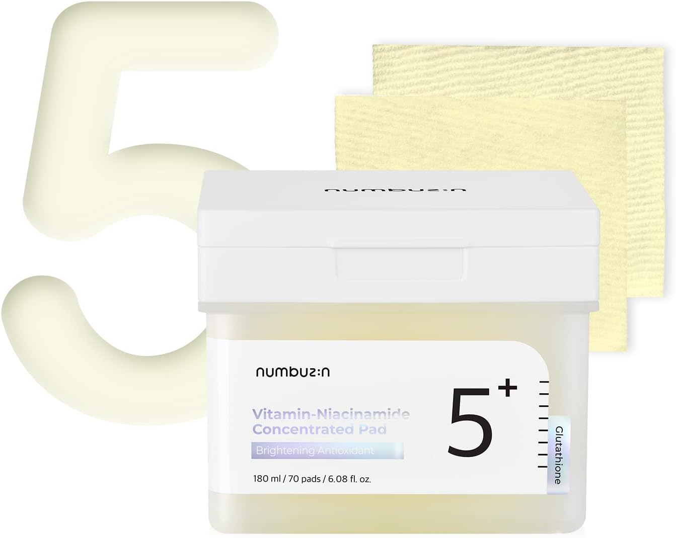 numbuzin No.5+ Niacinamide Concentrated Toner Pad | Glutathione, Niacinamide, PHA & LHA, 180ml/70pads/6.08fl.oz