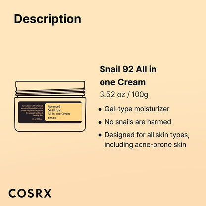 COSRX Snail Mucin 92% humectante 3.52 oz, crema de gel facial de reparación diaria para piel seca, piel sensible, no probado en animales, sin parabenos, sin sulfatos, sin ftalatos, cuidado de la piel coreano (3.52 OZ/100 g)